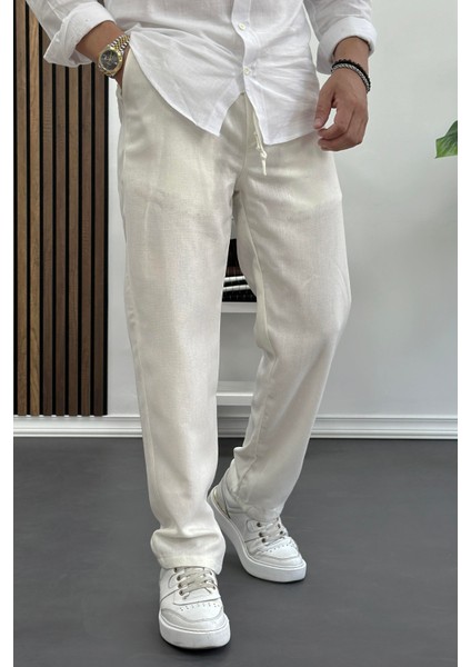 Erkek Rahat Kesim Keten Pantolon Krem EDW138