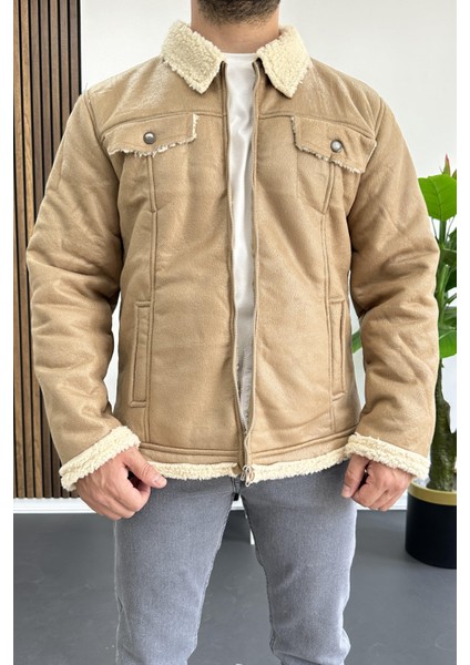 Erkek Içi Kürklü Suni Pul Deri Mont Krem EDW120