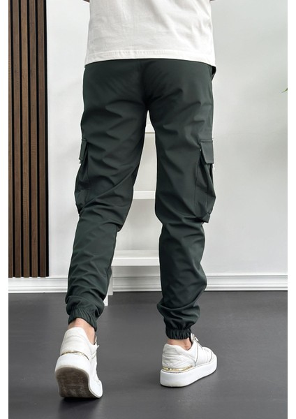 Erkek Slim Fit Cepli Beli ve Paçası Lastikli Ince Spor Pantolon Haki Yeşil EDW071