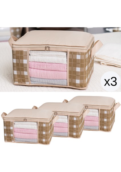 3 Adet Küçük Boy Pencereli Kare Desenli Ekose Bej Dolap Içi Baza Altı Valiz Içi Düzenleyici Hurç Seti 40X30X20 cm fiyatları