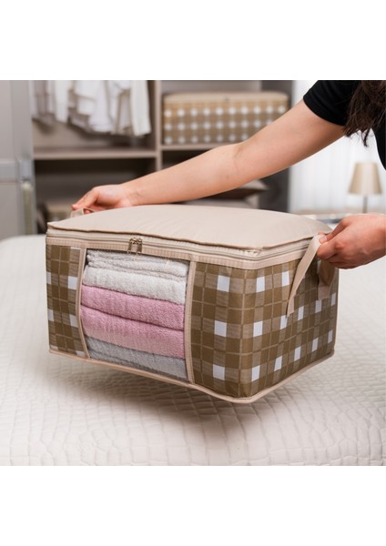 3 Adet Küçük Boy Pencereli Kare Desenli Ekose Bej Dolap Içi Baza Altı Valiz Içi Düzenleyici Hurç Seti 40X30X20 cm modelleri