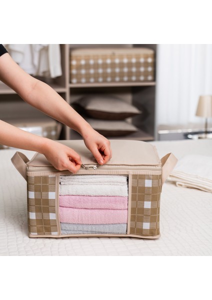 3 Adet Küçük Boy Pencereli Kare Desenli Ekose Bej Dolap Içi Baza Altı Valiz Içi Düzenleyici Hurç Seti 40X30X20 cm indirimleri