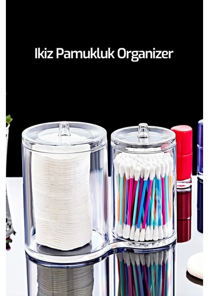 HOME Şeffaf İkiz Pamukluk - Kozmetik Makyaj Organizeri - Kapaklı Disk Pamukluk Kulak Çubuk Düzenleyici