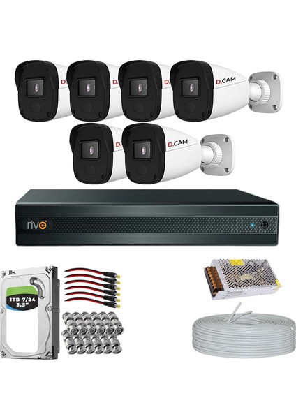 Rivo Dcam 6 Kameralı 40 Metre Gece Görüşlü Set 1 Tb 7/24 HDD