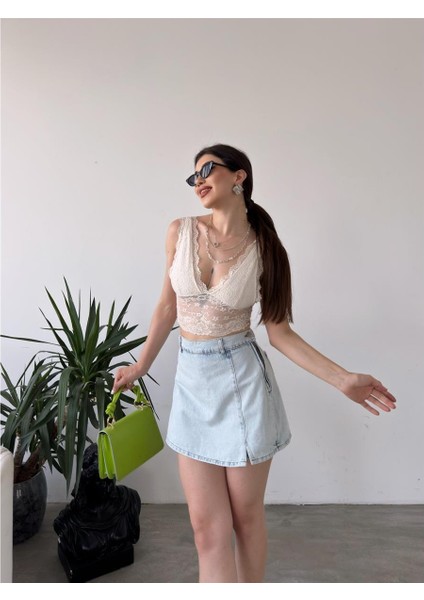 Fav Style Kadın Denim Arkası Çift Cepli Mini Şort Etek