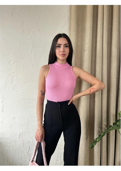 Kadın Dik Yaka Kaşkorse Örme Fitilli Halter Crop Bluz