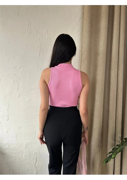 Kadın Dik Yaka Kaşkorse Örme Fitilli Halter Crop Bluz