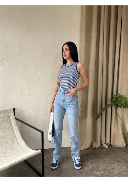 Kadın Halter Yaka Çizgili Kolsuz Kaşkorse Örme Fitilli Crop Bluz