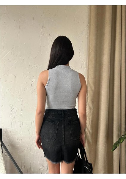 Fav Style Kadın Dik Yaka Kaşkorse Örme Fitilli Halter Crop Bluz