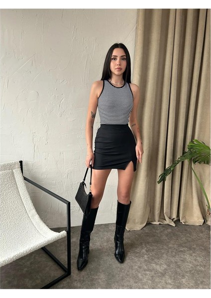 Fav Style Kadın Halter Yaka Çizgili Kolsuz Kaşkorse Örme Fitilli Crop Bluz