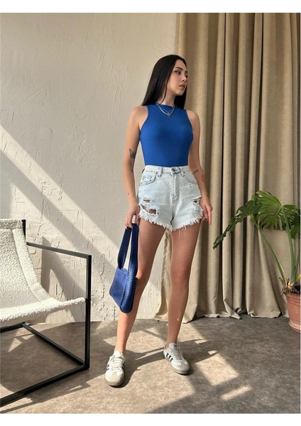 Kadın Dik Yaka Kaşkorse Örme Fitilli Halter Crop Bluz