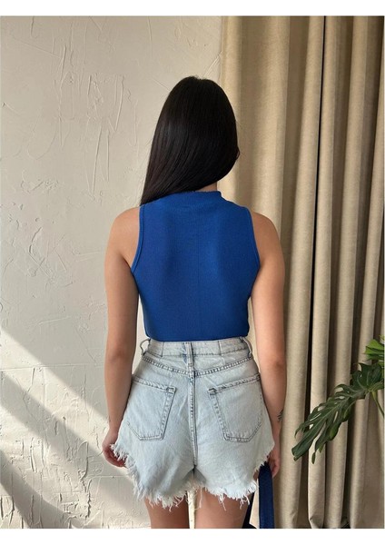 Kadın Dik Yaka Kaşkorse Örme Fitilli Halter Crop Bluz