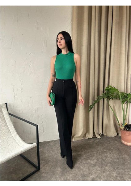 Kadın Dik Yaka Kaşkorse Örme Fitilli Halter Crop Bluz