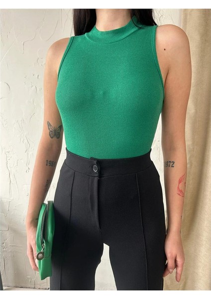 Kadın Dik Yaka Kaşkorse Örme Fitilli Halter Crop Bluz