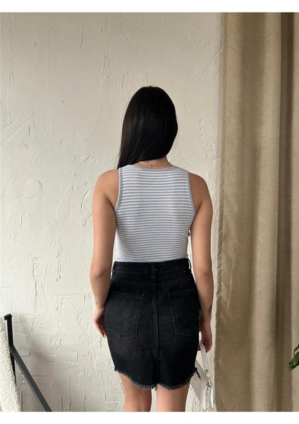 Fav Style Kadın Halter Yaka Çizgili Kolsuz Kaşkorse Örme Fitilli Crop Bluz