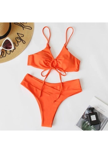 Kadın Turuncu Ip Detaylı Astarlı V Kesim Üçgen Bikini Takım HZL24S-LC2234 fiyatları