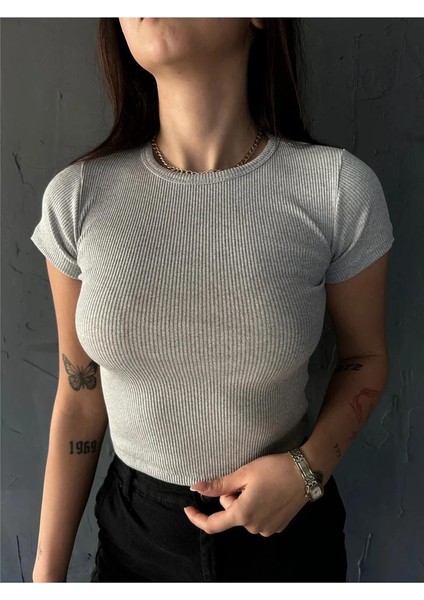 Kadın Bisiklet Yaka Kısa Kollu Kaşkorse Crop Bluz