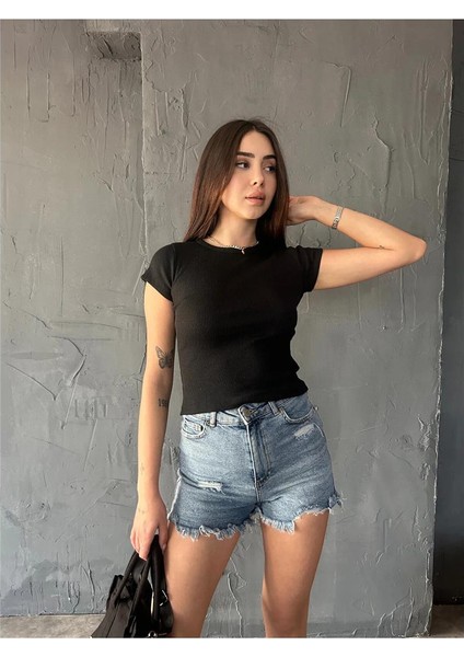 Fav Style Kadın Bisiklet Yaka Kısa Kollu Kaşkorse Crop Bluz