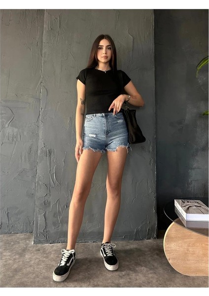 Fav Style Kadın Bisiklet Yaka Kısa Kollu Kaşkorse Crop Bluz