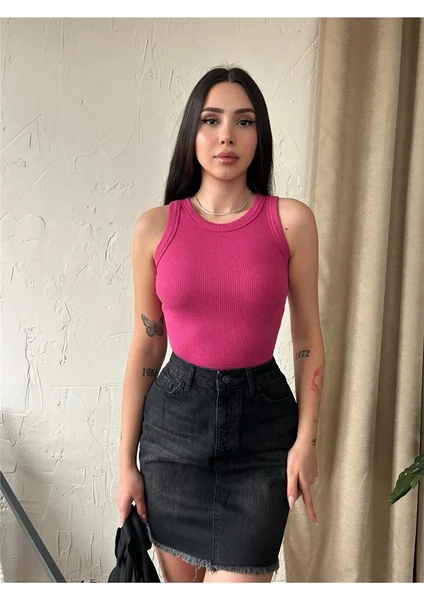 Fav Style Kadın Halter Yaka Geniş Biye Crop Kaşkorse Atlet Bluz