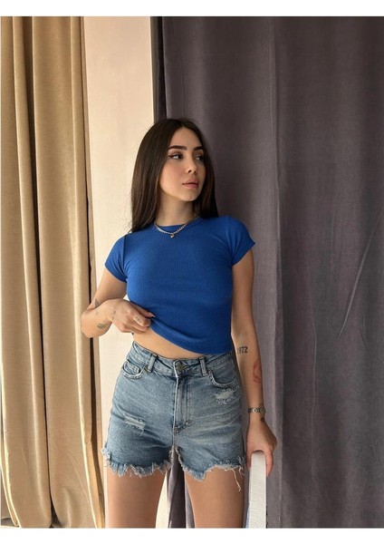 Kadın Bisiklet Yaka Kısa Kollu Kaşkorse Crop Bluz