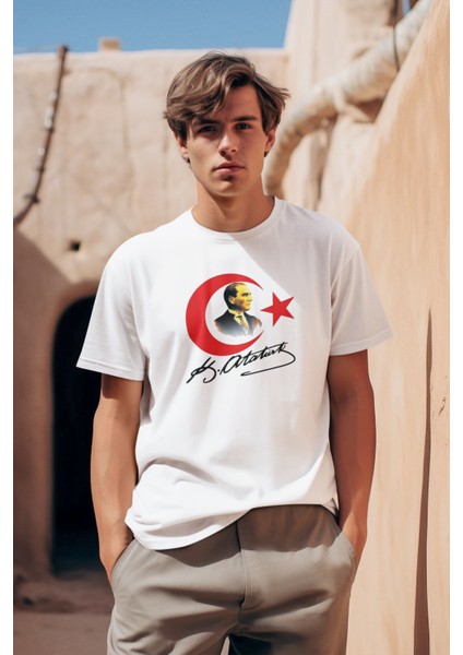 Stıl-X Atatürk ve Türk Bayrağı Baskılı Bisiklet Yaka, %100 Pamuklu, Standart Kalıp Erkek Tshırt