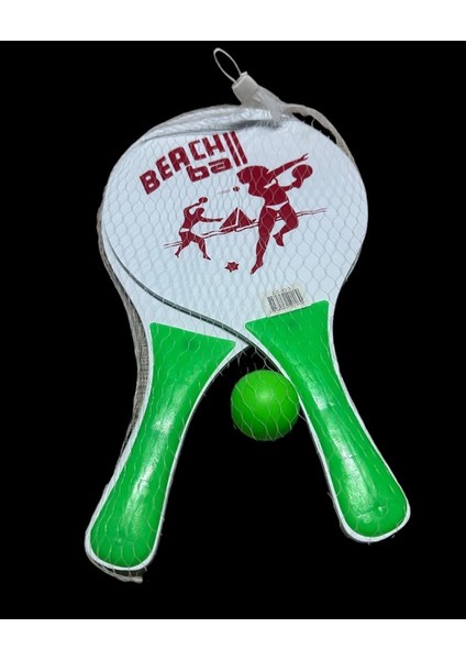 Beach Ball Sahil Havuz Ahşap Plaj Tenis Raketi ve Kaliteli Top Fileli Set (2 Raket + 1 Top)