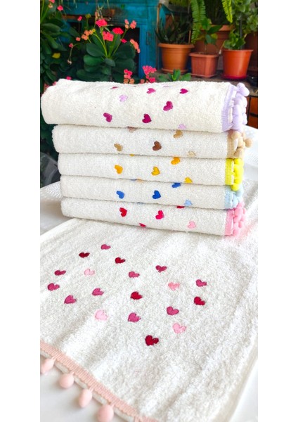 (6'lı Set) Çeyizlik Kalp Nakışlı Ponponlu Bukle Lüks Havlu Seti 30X50 Cm.