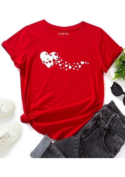 Stıl-X Kalpler Baskılı Bisiklet Yaka, %100 Pamuklu Kadın Tshırt