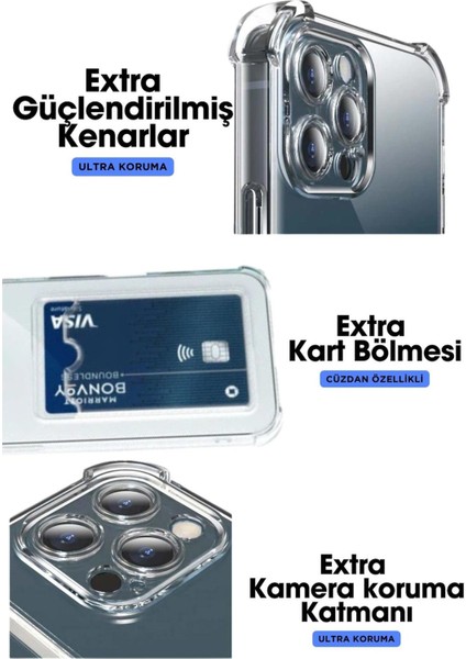 Apple iPhone 15 Pro Max Kılıf Darbe Emici Köşe Korumalı Kartlıklı Cüzdanlı Silikon Kapak