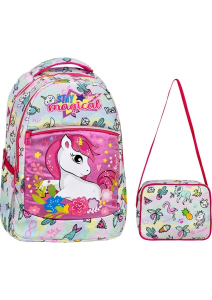 Unicorn Desenli Ilkokul Çantası + Beslenme Çantası