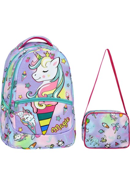 Ilkokul Unicorn Desenli Kız Çocuk Ilkokul Çantası + Beslenme Çantası