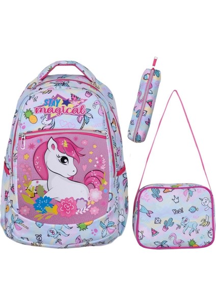 3'lü Okul Seti, Unicorn Desenli Ilkokul Çantası + Beslenme Çantası + Kalemlik