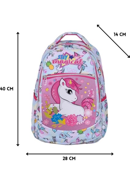 3'lü Okul Seti, Unicorn Desenli Ilkokul Çantası + Beslenme Çantası + Kalemlik