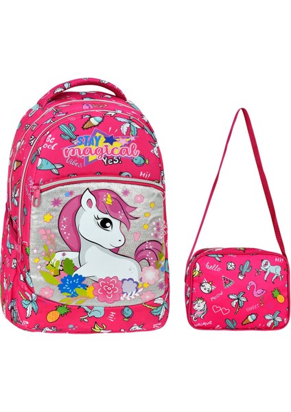 Unicorn Desenli Ilkokul Çantası + Beslenme Çantası