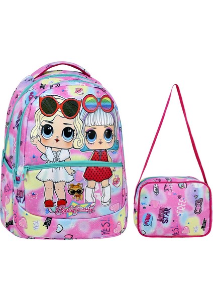 Ilkokul Renkli Desenli Kız Çocuk Ilkokul Çantası + Beslenme Çantası
