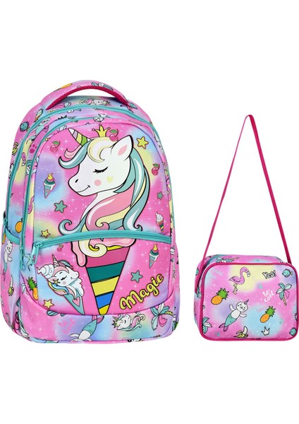 Ilkokul Unicorn Desenli Kız Çocuk Ilkokul Çantası + Beslenme Çantası
