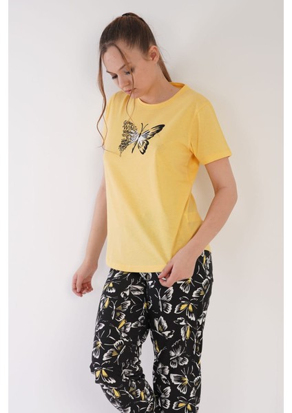 Kadın Sarı Kısa Kollu Kelebek Desenli Bisiklet Yaka Oval Etek Süprem Pijama Takımı fırsatları
