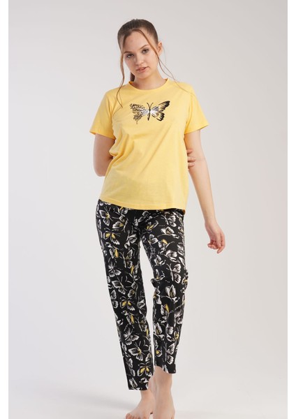 Kadın Sarı Kısa Kollu Kelebek Desenli Bisiklet Yaka Oval Etek Süprem Pijama Takımı