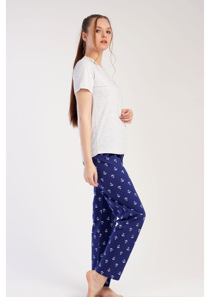 Kadın Gri Lacivert Kısa Kollu Desenli Bisiklet Yaka Oval Etek Süprem Pijama Takımı