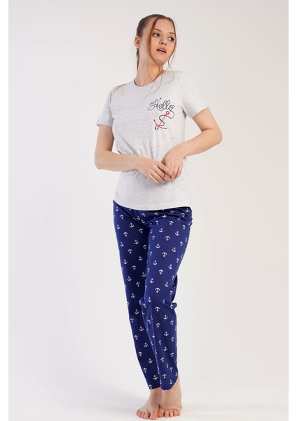 Kadın Gri Lacivert Kısa Kollu Desenli Bisiklet Yaka Oval Etek Süprem Pijama Takımı fiyatları