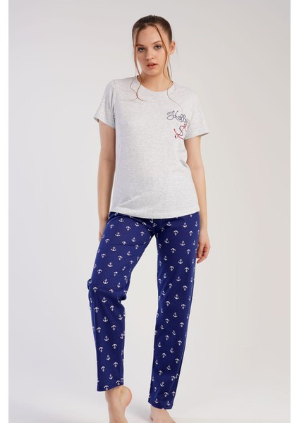 Kadın Gri Lacivert Kısa Kollu Desenli Bisiklet Yaka Oval Etek Süprem Pijama Takımı fırsatları