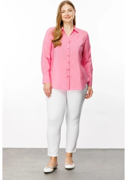 Kadın Düğmeli Uzun Kol Gömlek 1534 Pink
