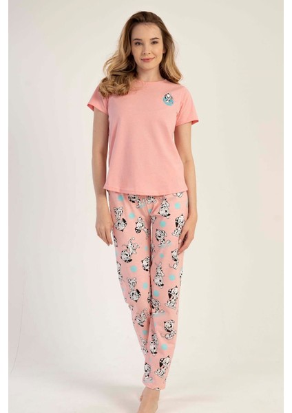 Kadın Pudra Kısa Kollu Desenli Bisiklet Yaka Oval Etek Süprem Pijama Takımı
