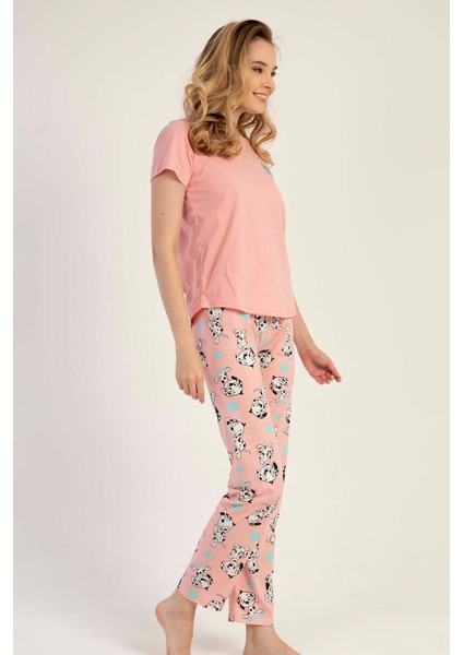 Kadın Pudra Kısa Kollu Desenli Bisiklet Yaka Oval Etek Süprem Pijama Takımı