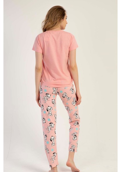 Kadın Pudra Kısa Kollu Desenli Bisiklet Yaka Oval Etek Süprem Pijama Takımı