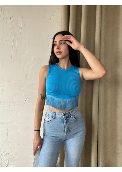 Kadın Halter Yaka Püsküllü Kolsuz Crop Top