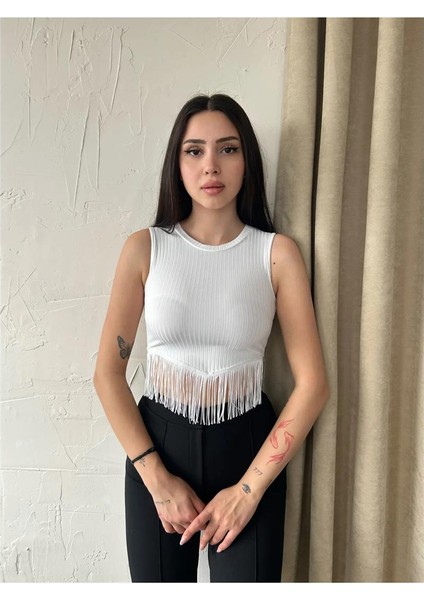 Kadın Halter Yaka Püsküllü Kolsuz Crop Top