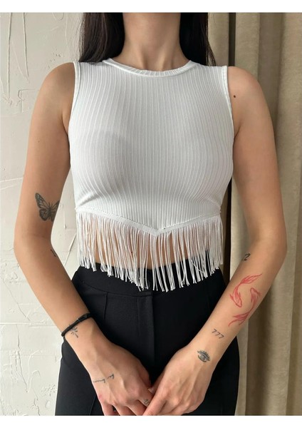 Kadın Halter Yaka Püsküllü Kolsuz Crop Top