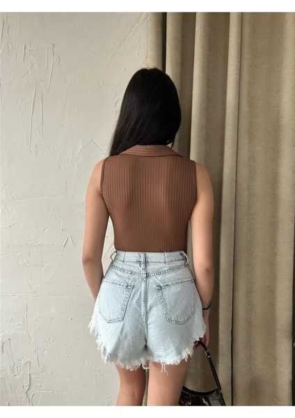 Kadın Polo Yaka Kolsuz Crop Bluz